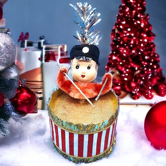 Vintage 1950s Drummer Boy Ornament Japan Foil Drum Tinsel Plume Chenille Arms - Picture 1 of 11